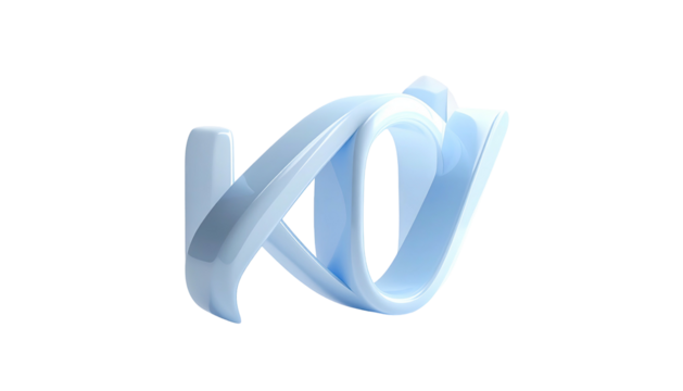 3D rendered, cursive-style, light-blue letter "K" intertwined with "V" on black