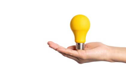 A hand presents a vibrant yellow illuminated lightbulb against a stark black backdrop