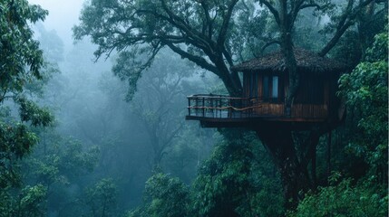 Obraz premium Secluded treehouse hideaway. Cozy, rustic dwelling nestled high in the misty forest canopy. A peaceful retreat. Escape to nature's embrace.