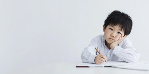 Primary school student sitting at desk doing homework seriously,copy space,clipart,banner.