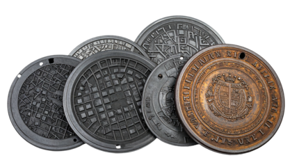 Several circular metal covers with embossed patterns, arranged against a black background