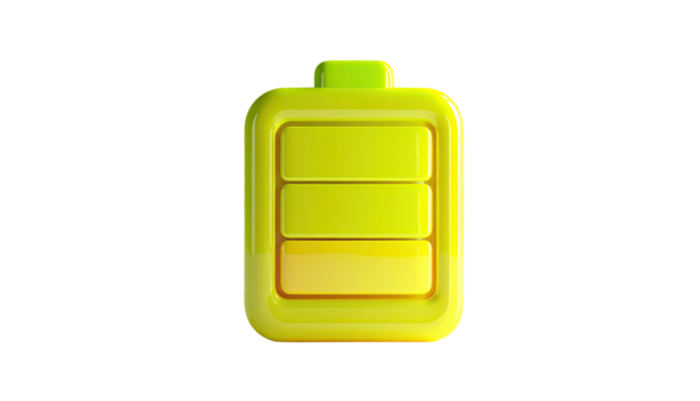 A yellow, 3D rendered battery icon showing partial charge against black