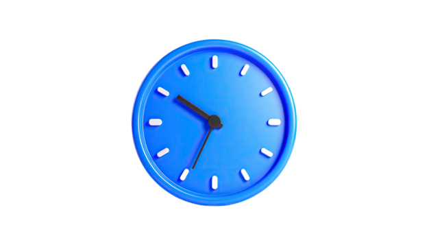 A bright blue 3D clock displaying the time on a black background