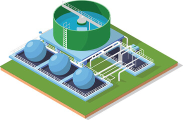 isometric 3d illustration of modern water treatment plant with storage tanks, pipelines, purification system, clean water industrial facility design