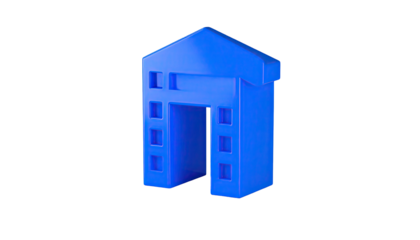 Geometric blue building with an open doorway against a solid black background