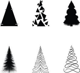 Obraz premium Christmas tree silhouette icon set, festive holiday vector pack, minimalist geometric textured designs, black and white seasonal illustration, decorative pine tree variations