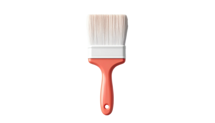 A vibrant, 3D-rendered paintbrush with coral handle, centered on a dark background