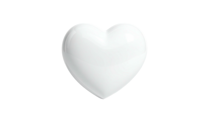 A glossy white heart floats against a stark black background, with reflective surfaces