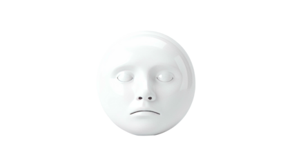 Ceramic, white, spherical face with subtle features against black background