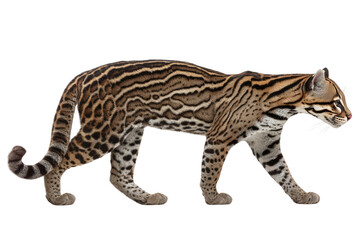Obraz premium A beautiful ocelot, a small wild cat, walks gracefully, displaying its distinctive spotted and striped fur pattern against a transparent background. background removed