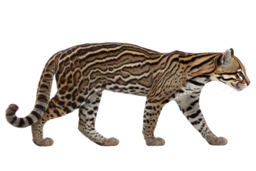 A beautiful ocelot, a small wild cat, walks gracefully, displaying its distinctive spotted and striped fur pattern against a transparent background. background removed