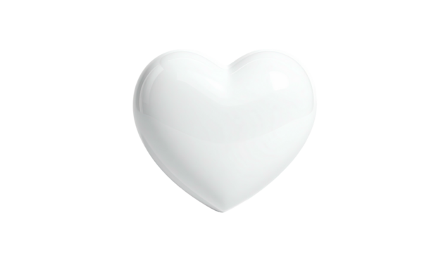 A glossy white heart floats against a stark black background, with reflective surfaces