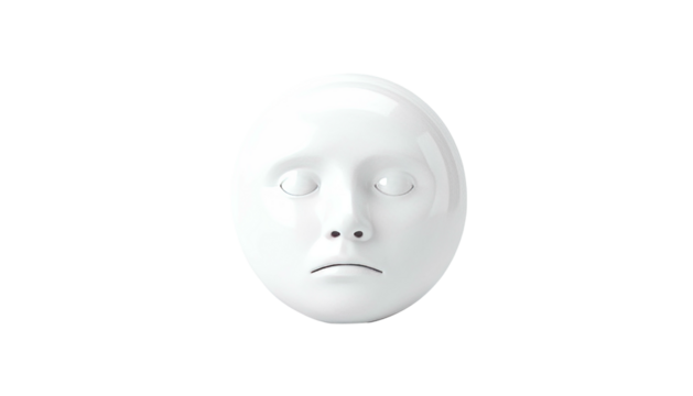 Ceramic, white, spherical face with subtle features against black background