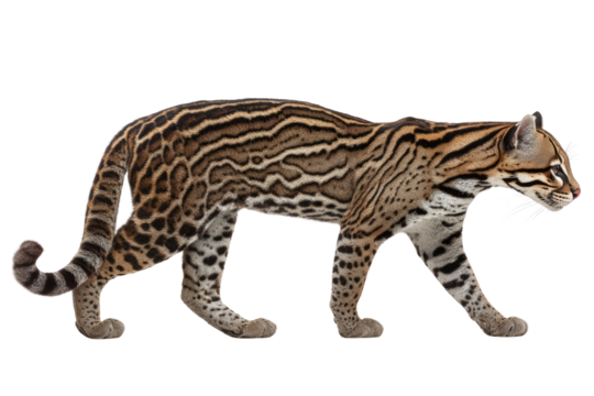 A beautiful ocelot, a small wild cat, walks gracefully, displaying its distinctive spotted and striped fur pattern against a transparent background. background removed