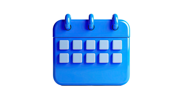 A 3D-rendered, vibrant blue calendar isolated on a black background