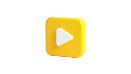 A glossy yellow square button with a white play triangle on a black background