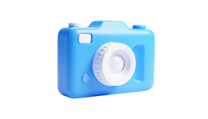 A rendered light blue camera, with a large lens, isolated on a black background