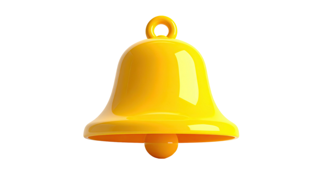 A glossy, golden bell with a round clapper hangs against a stark black background