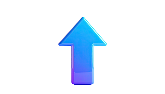 A glossy, blue arrow pointing upwards against a black background