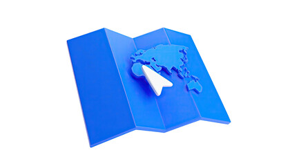3D blue world map with cursor highlighting. Black background. Folded paper style