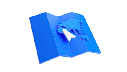 3D blue world map with cursor highlighting. Black background. Folded paper style