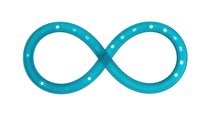 A glowing, turquoise infinity symbol with small lights on a black background