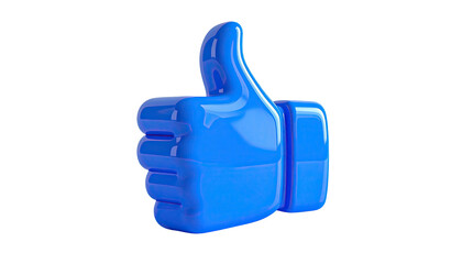 Fototapeta premium Glossy blue thumbs up icon against a black background, rendered in 3D