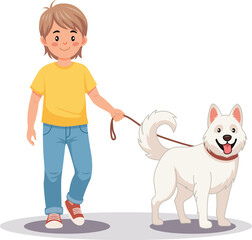 Young boy walking with his pet dog in the park, happy child activity vector illustration