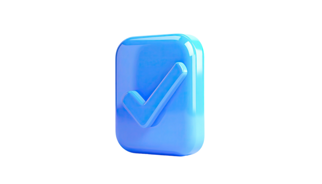 3D blue checkmark in a glossy, rectangular box, isolated on a black backdrop