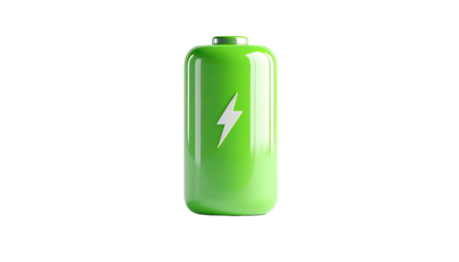 A glossy green battery with a white lightning bolt, fully charged, on black