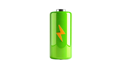 Green cylindrical battery, orange lightning bolt, glossy with a black background
