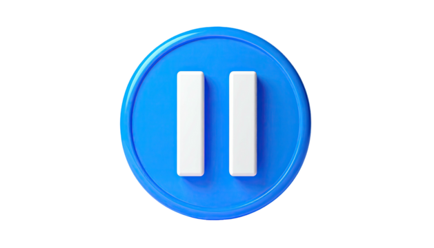 A glossy, blue button icon with two vertical white rectangles, floating on black