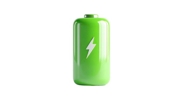 A glossy green battery with a white lightning bolt, fully charged, on black