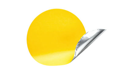 A vibrant yellow circle with a peeled silver foil corner against a black background