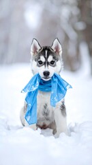 Husky puppy in snow, blue scarf