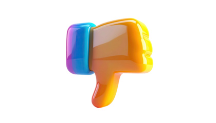 Shiny, glossy 3D rendering of a thumbs-down gesture in vibrant colors