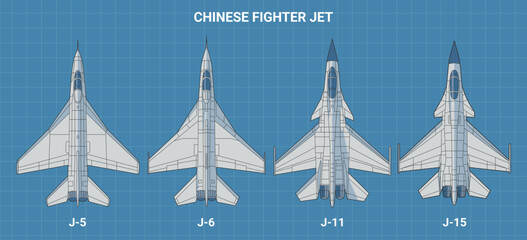 Set of chinese fighter jet in blueprint style from top view. Vector illustrations j-5, j-6, j-11, j-15 fighter jet. Various military combat aircraft design from china.