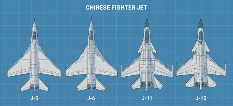 Set of chinese fighter jet in blueprint style from top view. Vector illustrations j-5, j-6, j-11, j-15 fighter jet. Various military combat aircraft design from china.