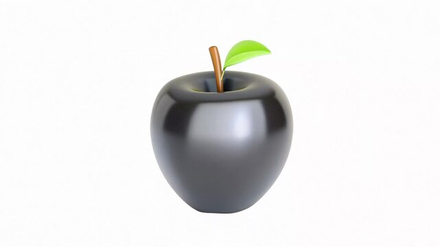 A sleek black apple with a green leaf against a simple white background, showcasing modern design and texture.