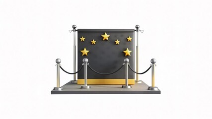 A sleek display stage with golden stars and velvet ropes, perfect for events or award ceremonies.