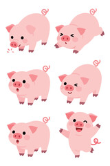 Cute pig cartoon character set. Collection of funny and adorable piglets in different poses and emotions. Pink farm animal mascot vector illustrations for kids, isolated on white background. © 张锋