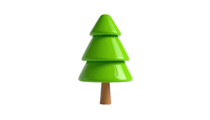 Glossy, cartoon-style evergreen tree in a 3D render, against a stark black backdrop