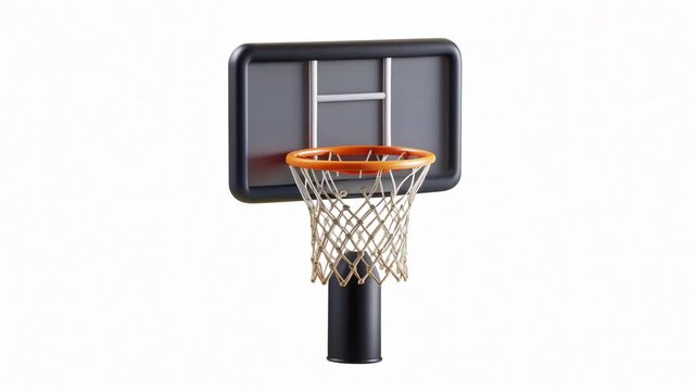 A basketball hoop with a black backboard and an orange rim against a white background.