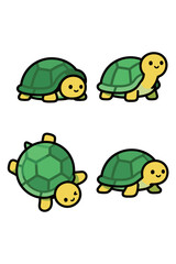 Cute turtle and tortoise cartoon character collection. Set of adorable smiling green reptiles in different poses. Funny slow animal vector illustrations isolated on white background.