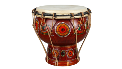Ornate, handcrafted drum with painted designs and a stretched drumhead