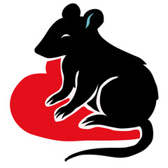 Stylized black mouse silhouette sitting on a red heart shape, symbolizing love, care, and affection for animals in minimalist vector art style.