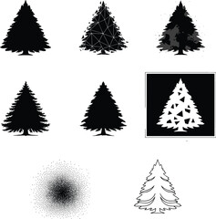 Fototapeta premium Stylized pine tree icon set, black and white forest vector pack, abstract and textured tree silhouettes, geometric and hand-drawn nature illustration, seasonal design