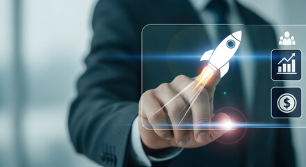 Tech-Driven Growth: Businessperson Launching a Digital Rocket Icon Over a Modern Office