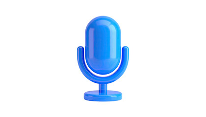 Glossy blue microphone icon on a black background, 3D rendering, minimalist design