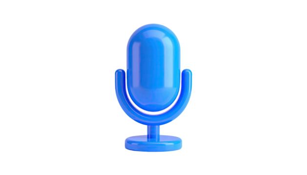 Glossy blue microphone icon on a black background, 3D rendering, minimalist design